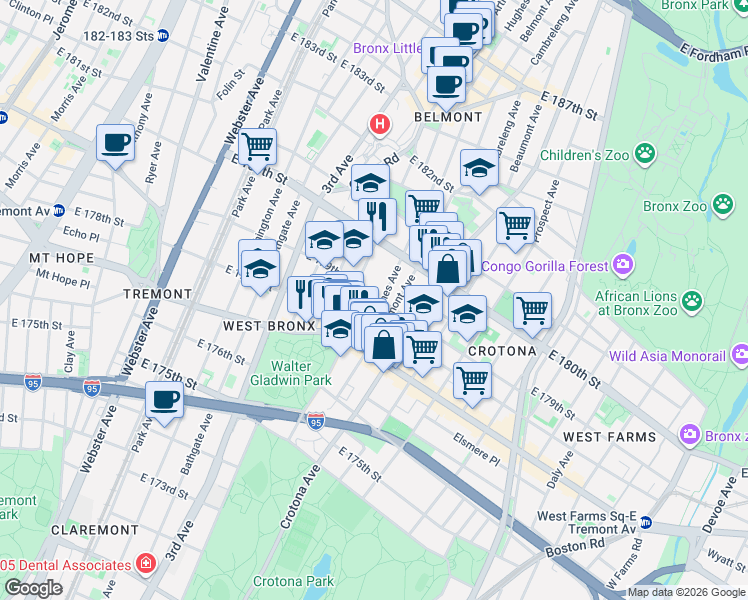 map of restaurants, bars, coffee shops, grocery stores, and more near 2023 Hughes Avenue in Bronx
