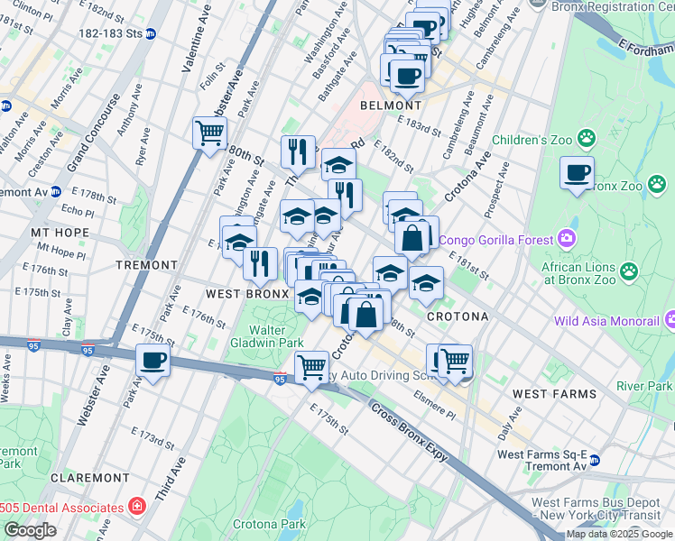 map of restaurants, bars, coffee shops, grocery stores, and more near 2023 Hughes Avenue in Bronx