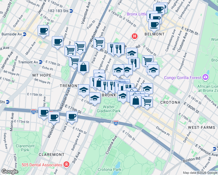 map of restaurants, bars, coffee shops, grocery stores, and more near 2009 Monterey Avenue in The Bronx