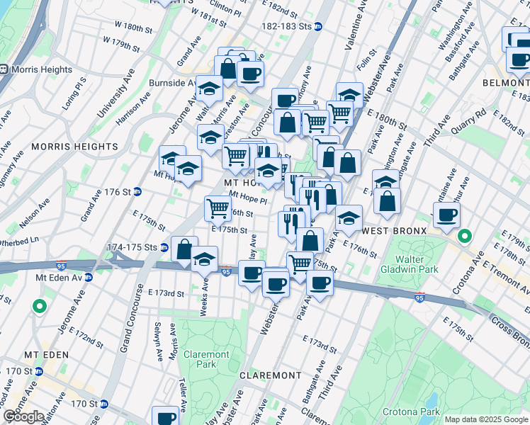 map of restaurants, bars, coffee shops, grocery stores, and more near in The Bronx