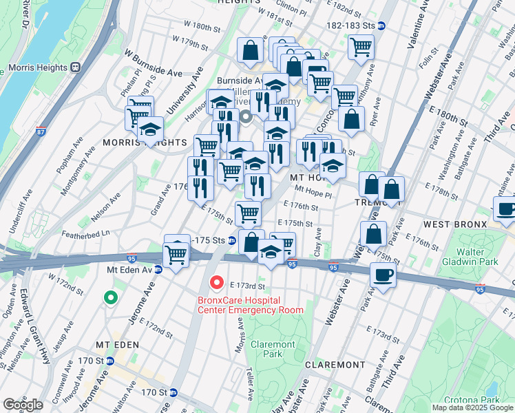 map of restaurants, bars, coffee shops, grocery stores, and more near 149 East 176th Street in Bronx