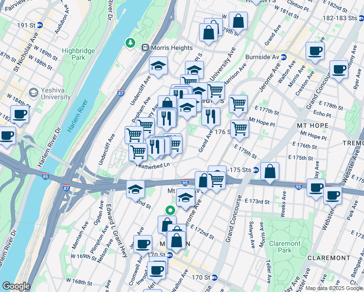 map of restaurants, bars, coffee shops, grocery stores, and more near 1696 Nelson Avenue in Bronx
