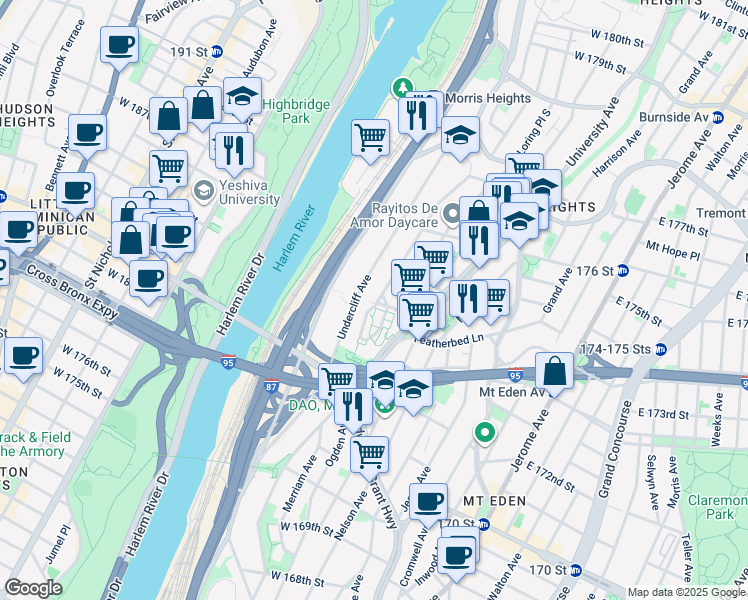 map of restaurants, bars, coffee shops, grocery stores, and more near 1571 Undercliff Avenue in Bronx