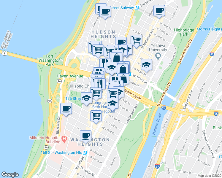 map of restaurants, bars, coffee shops, grocery stores, and more near West 178th Street in New York