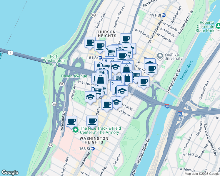 map of restaurants, bars, coffee shops, grocery stores, and more near West 178th Street in New York