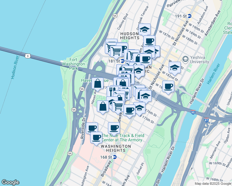 map of restaurants, bars, coffee shops, grocery stores, and more near in New York
