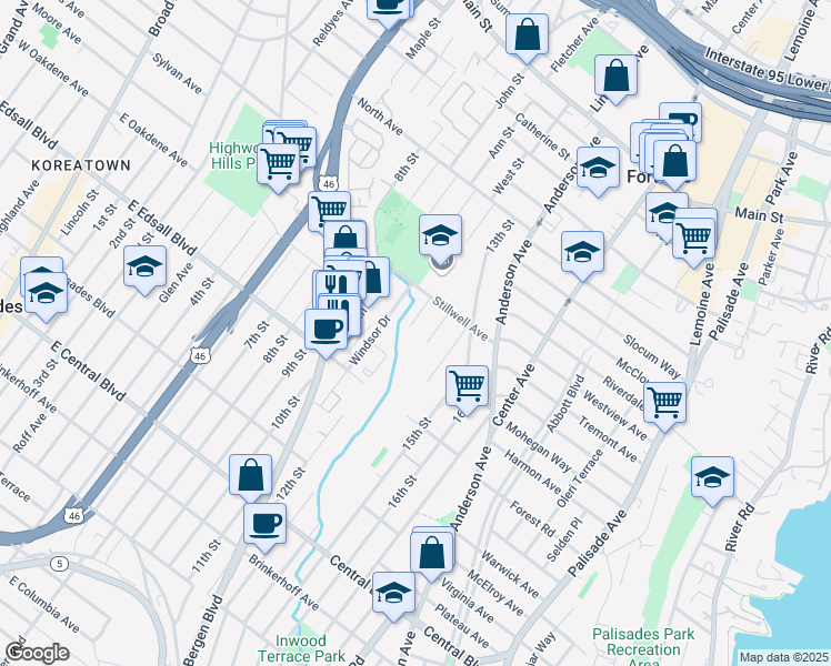 map of restaurants, bars, coffee shops, grocery stores, and more near 1436 12th Street in Fort Lee