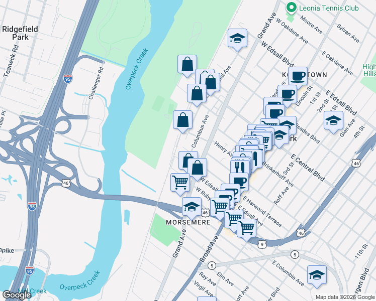 map of restaurants, bars, coffee shops, grocery stores, and more near 139 Columbus Avenue in Palisades Park
