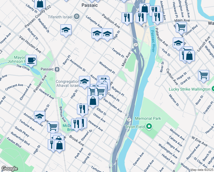 map of restaurants, bars, coffee shops, grocery stores, and more near 26 Ascension Street in Passaic