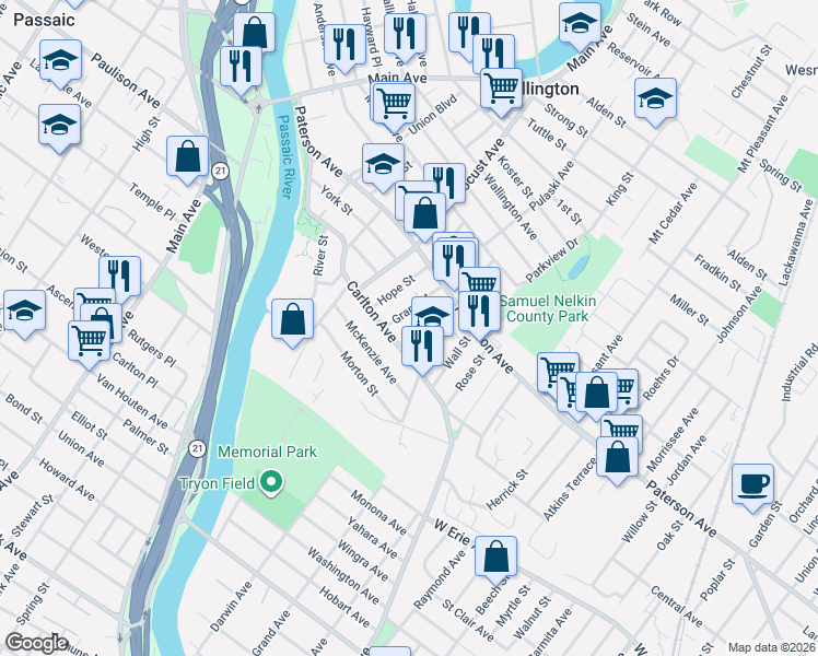map of restaurants, bars, coffee shops, grocery stores, and more near 41 Grant Street in East Rutherford
