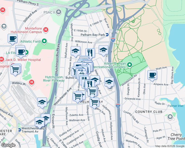map of restaurants, bars, coffee shops, grocery stores, and more near 1803 Mahan Avenue in Bronx