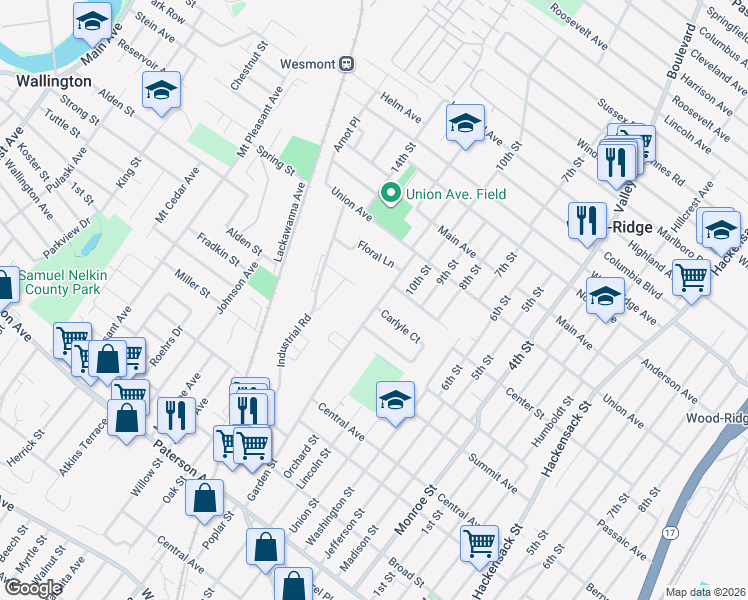map of restaurants, bars, coffee shops, grocery stores, and more near 752 Garden Street in Carlstadt