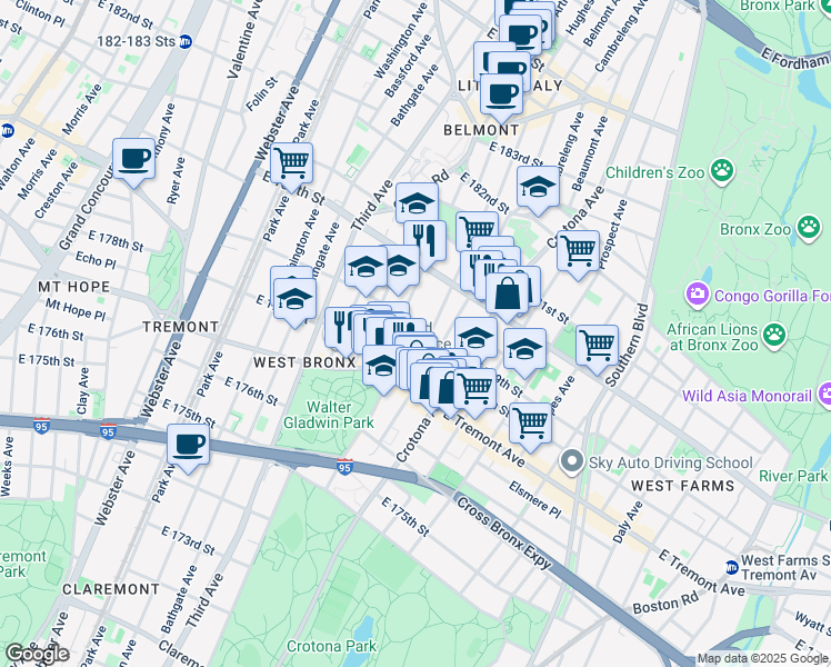 map of restaurants, bars, coffee shops, grocery stores, and more near 614 East 179th Street in Bronx