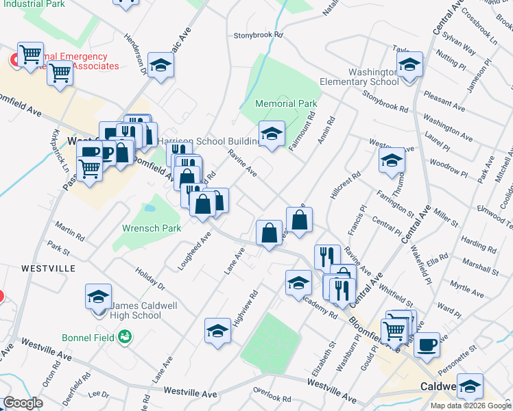 map of restaurants, bars, coffee shops, grocery stores, and more near 94 Ravine Avenue in West Caldwell