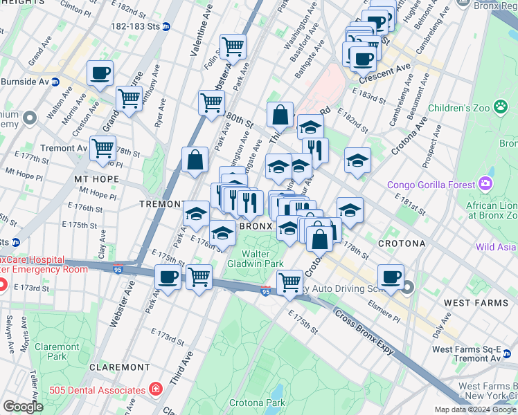 map of restaurants, bars, coffee shops, grocery stores, and more near 1941 Monterey Avenue in Bronx