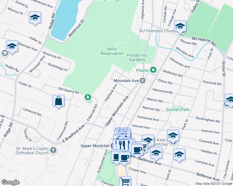 map of restaurants, bars, coffee shops, grocery stores, and more near 392 Highland Avenue in Montclair