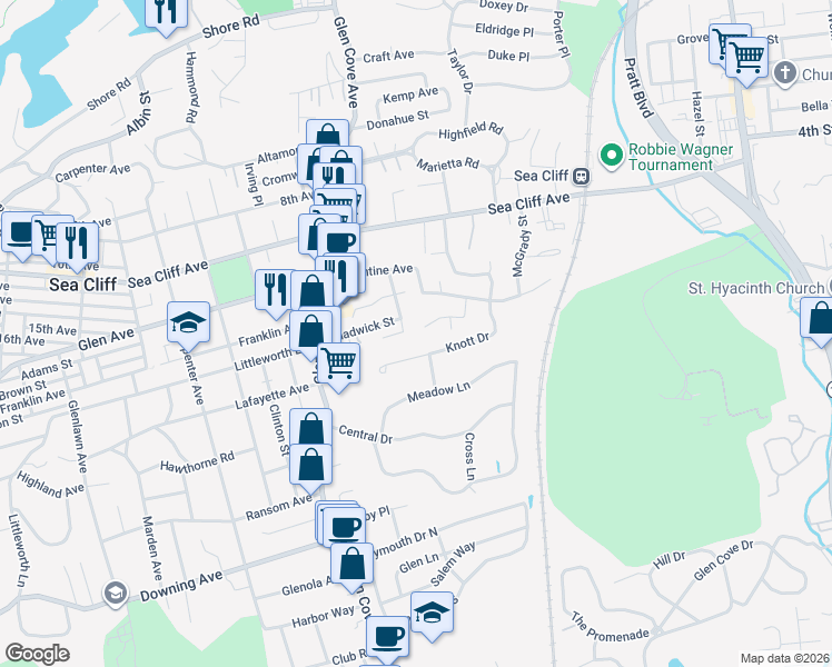 map of restaurants, bars, coffee shops, grocery stores, and more near 18 Alex Lane in Glen Cove