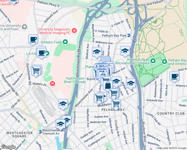 map of restaurants, bars, coffee shops, grocery stores, and more near 1819 Mayflower Avenue in Bronx