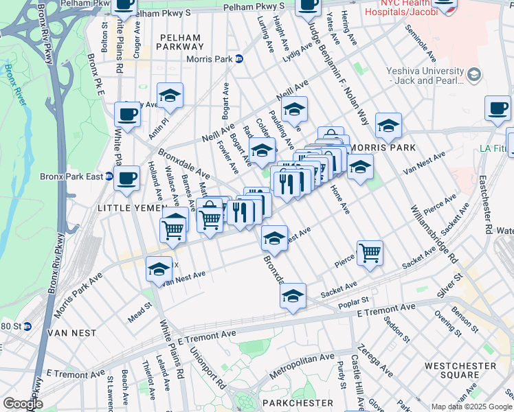 map of restaurants, bars, coffee shops, grocery stores, and more near Fowler Avenue in Bronx