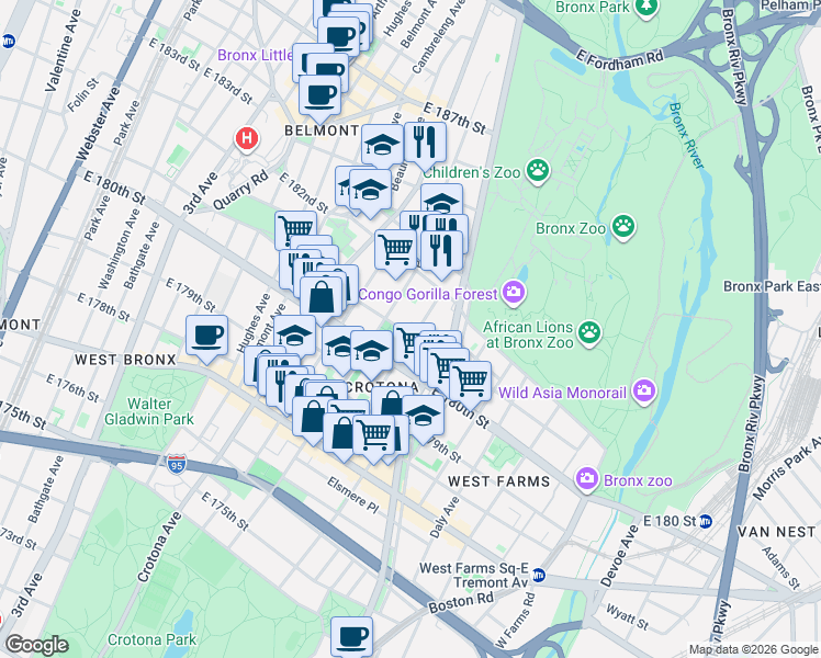 map of restaurants, bars, coffee shops, grocery stores, and more near 2126 Prospect Avenue in Bronx