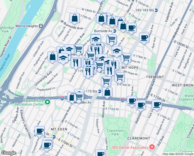 map of restaurants, bars, coffee shops, grocery stores, and more near 1761 Walton Avenue in The Bronx
