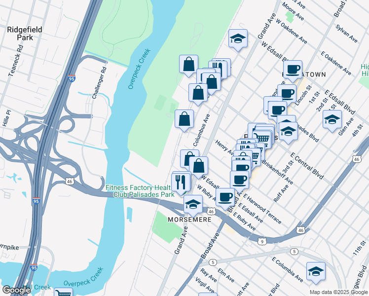 map of restaurants, bars, coffee shops, grocery stores, and more near 41 Prospect Street in Palisades Park
