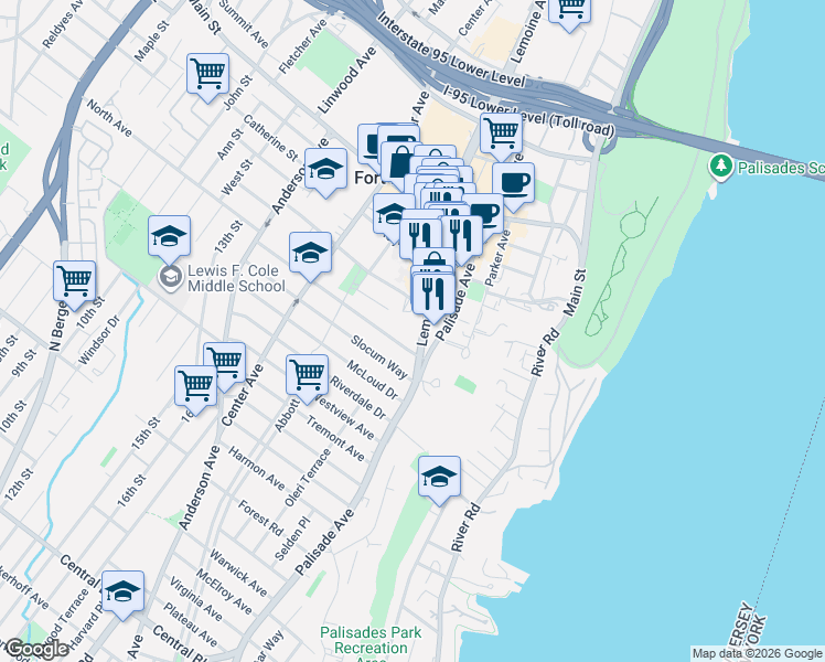 map of restaurants, bars, coffee shops, grocery stores, and more near 1565 Lemoine Avenue in Fort Lee
