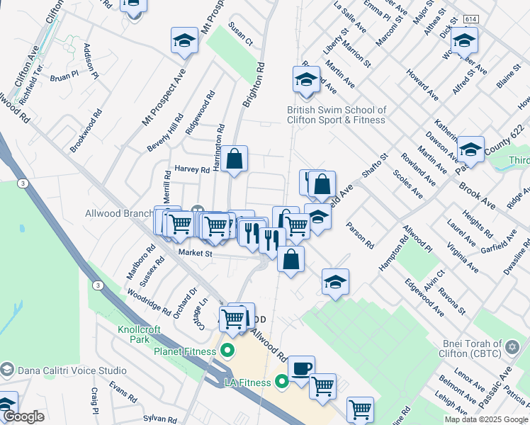 map of restaurants, bars, coffee shops, grocery stores, and more near 6 Brighton Road in Clifton