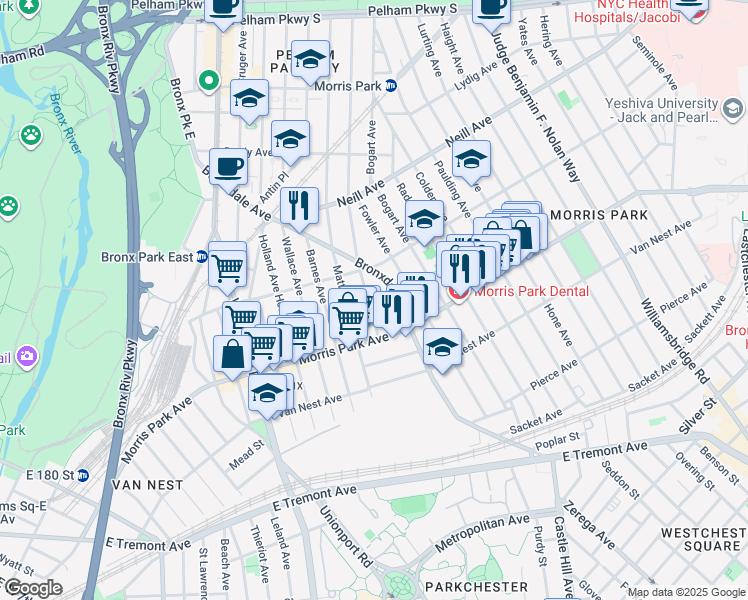 map of restaurants, bars, coffee shops, grocery stores, and more near 1859 Muliner Avenue in Bronx