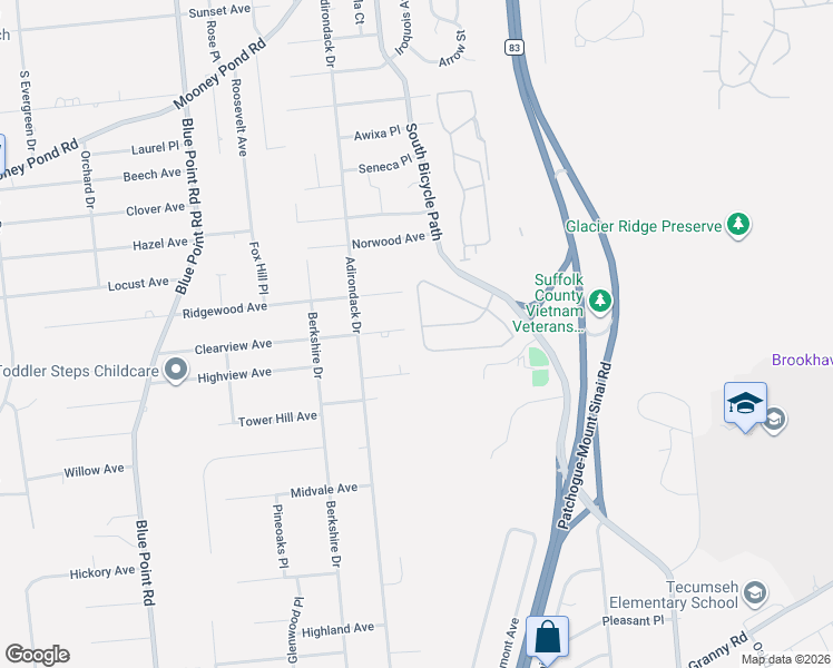map of restaurants, bars, coffee shops, grocery stores, and more near 170 Overlook Drive in Farmingville