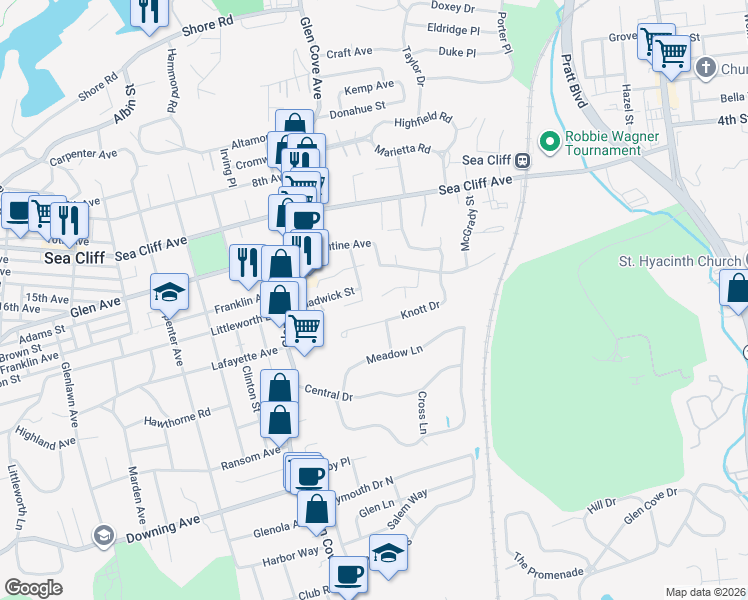 map of restaurants, bars, coffee shops, grocery stores, and more near 18 Alex Lane in Glen Cove