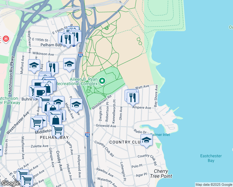 map of restaurants, bars, coffee shops, grocery stores, and more near 3250 Middletown Road in Bronx
