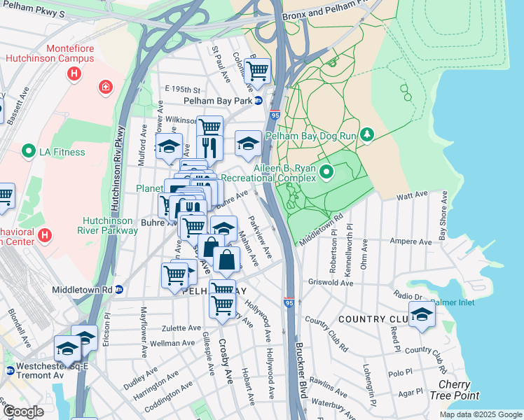 map of restaurants, bars, coffee shops, grocery stores, and more near 3533 Bruckner Boulevard in Bronx