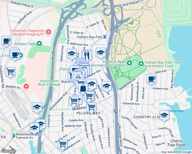 map of restaurants, bars, coffee shops, grocery stores, and more near 1750 Parkview Avenue in Bronx