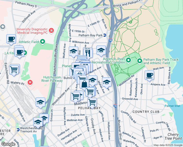 map of restaurants, bars, coffee shops, grocery stores, and more near 1803 Mahan Avenue in Bronx