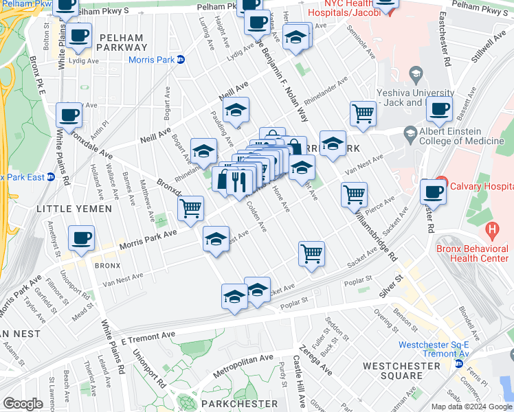 map of restaurants, bars, coffee shops, grocery stores, and more near 1731 Paulding Avenue in Bronx