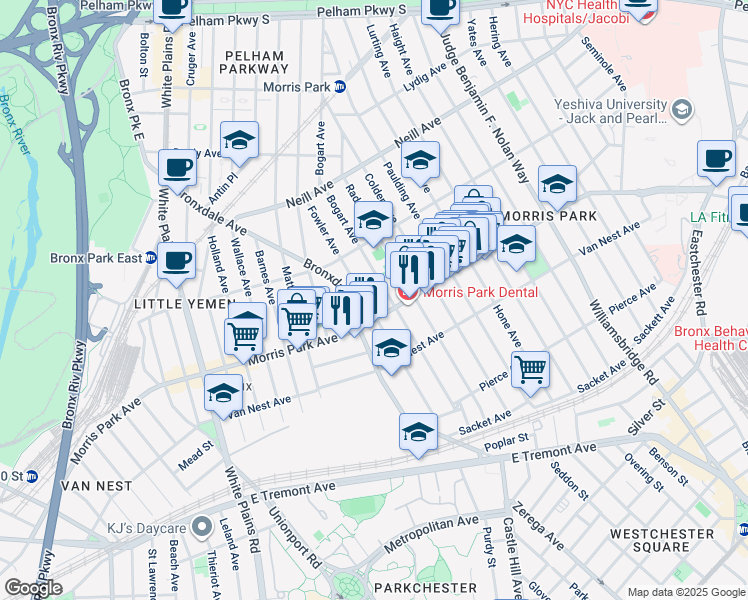 map of restaurants, bars, coffee shops, grocery stores, and more near 1821 Bogart Avenue in Bronx