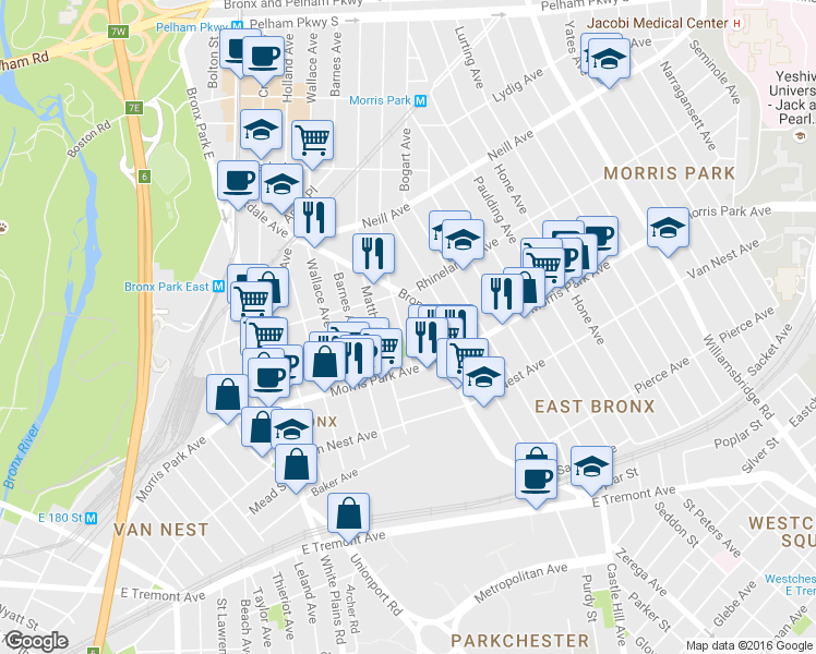 map of restaurants, bars, coffee shops, grocery stores, and more near 1859 Muliner Avenue in Bronx