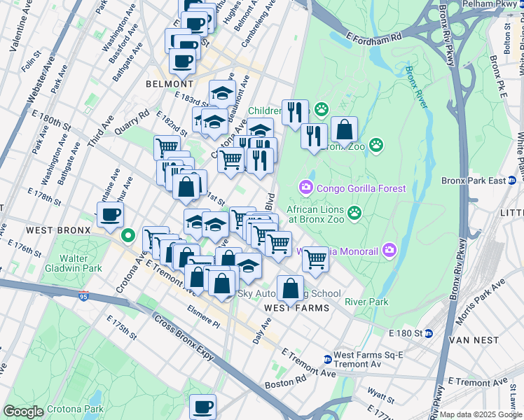 map of restaurants, bars, coffee shops, grocery stores, and more near 2154 Mapes Avenue in The Bronx