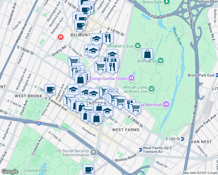 map of restaurants, bars, coffee shops, grocery stores, and more near 2154 Mapes Avenue in The Bronx