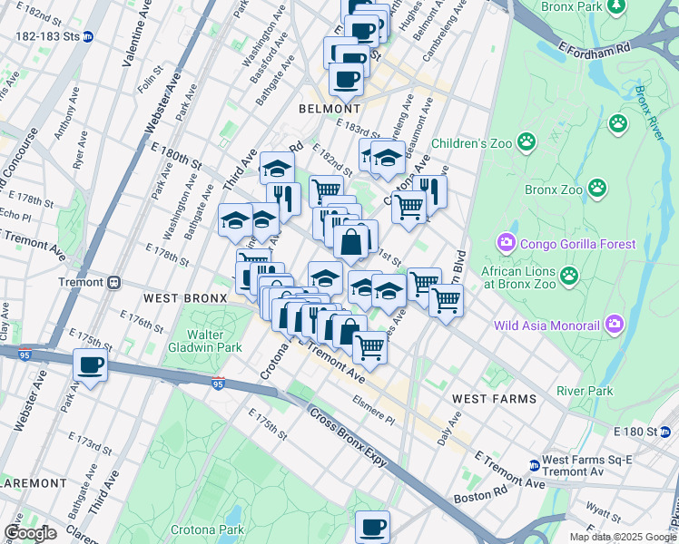 map of restaurants, bars, coffee shops, grocery stores, and more near 703 East 180th Street in Bronx