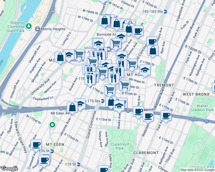 map of restaurants, bars, coffee shops, grocery stores, and more near 1790 Walton Avenue in Bronx