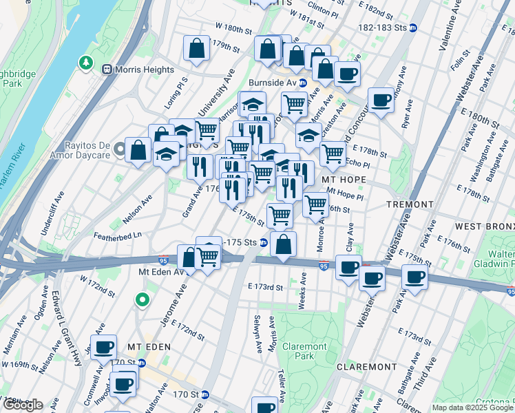map of restaurants, bars, coffee shops, grocery stores, and more near in The Bronx