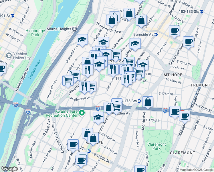 map of restaurants, bars, coffee shops, grocery stores, and more near in The Bronx