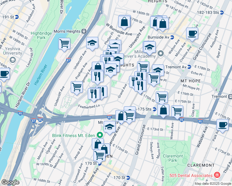 map of restaurants, bars, coffee shops, grocery stores, and more near 1674 Macombs Road in The Bronx