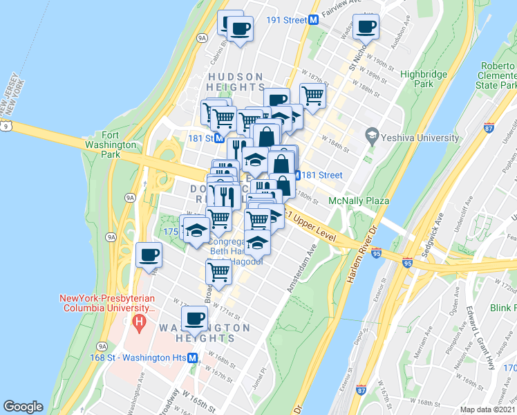 map of restaurants, bars, coffee shops, grocery stores, and more near West 178th Street in New York