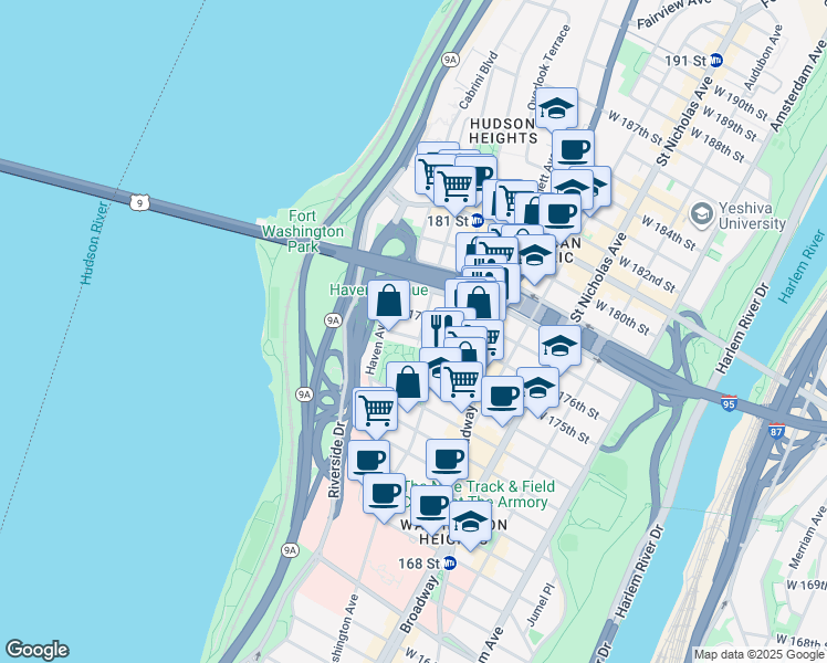 map of restaurants, bars, coffee shops, grocery stores, and more near in New York