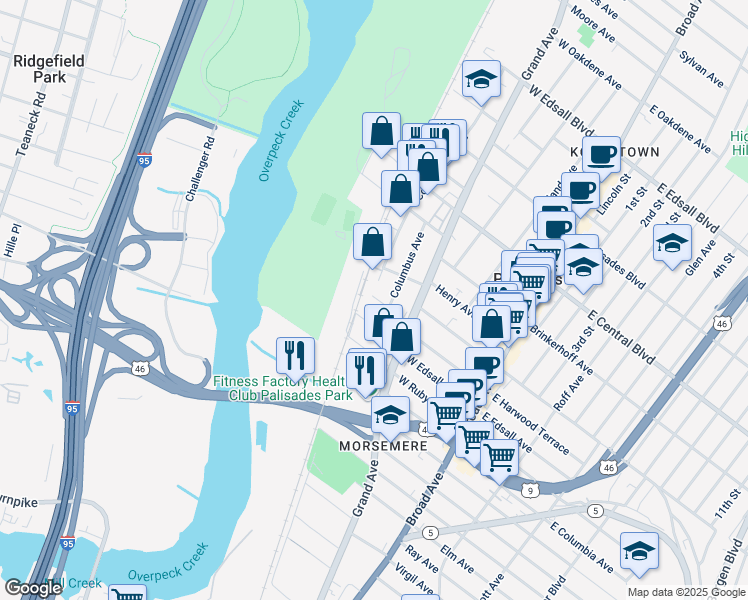 map of restaurants, bars, coffee shops, grocery stores, and more near 41 Prospect Street in Palisades Park