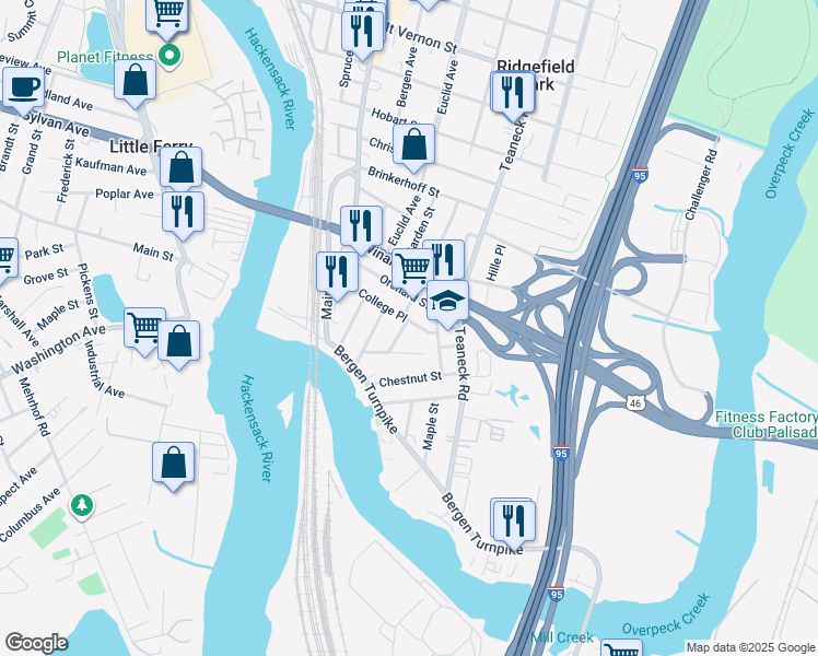 map of restaurants, bars, coffee shops, grocery stores, and more near 74 College Place in Ridgefield Park