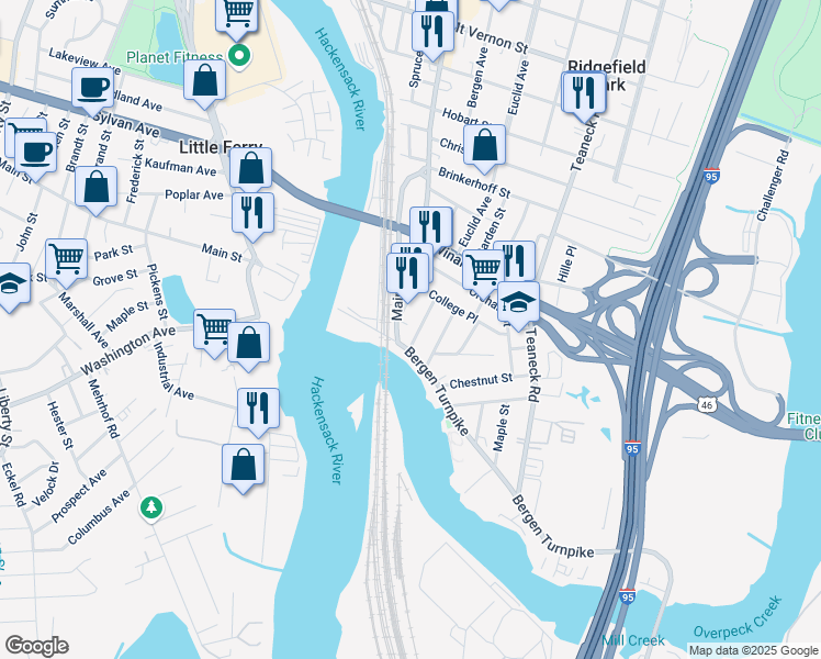 map of restaurants, bars, coffee shops, grocery stores, and more near 23 Ridgefield Avenue in Ridgefield Park